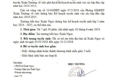 Thông báo về việc tuyển sinh lớp 1 năm học 2024 – 2025 Trường Tiểu học Xuân Ngọc